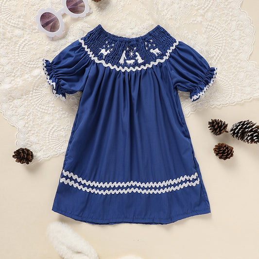 Toddler Infant Girl Christmas Dress – Santa Embroidery Smocked Short Sleeve Party Outfit