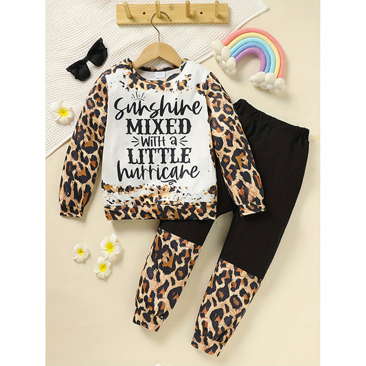 Toddler Girls Fall Winter Outfit – Leopard Letter Print Crewneck Sweatshirt & Sweatpants Set