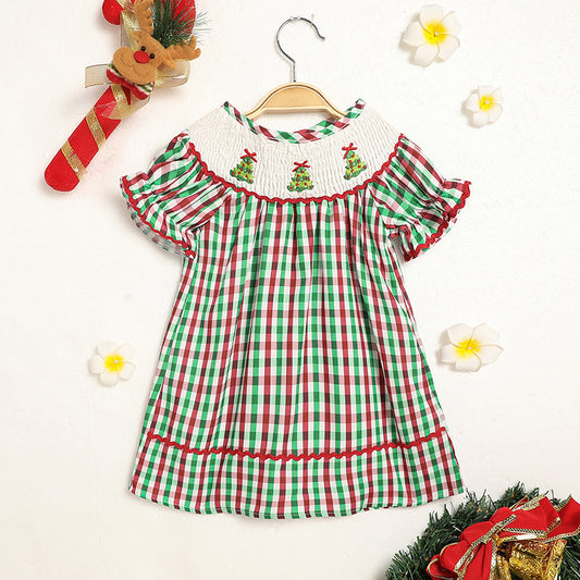 Toddler Infant Baby Girls Christmas Dress – Plaid Short Sleeve Christmas Tree Embroidered Party Outfit