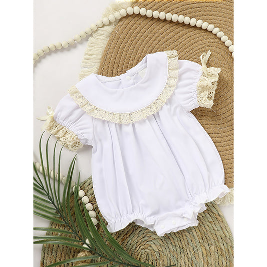 Baby Girl White Lace Romper – Short Sleeve Bubble Jumpsuit for Summer & Weddings
