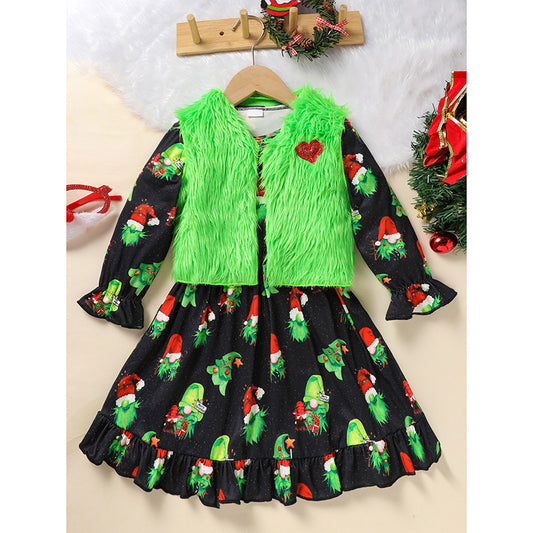 Toddler Baby Girl Christmas Dress Set – Long Sleeve Party Dress, Heart Print Vest Coat & Xmas Outfit