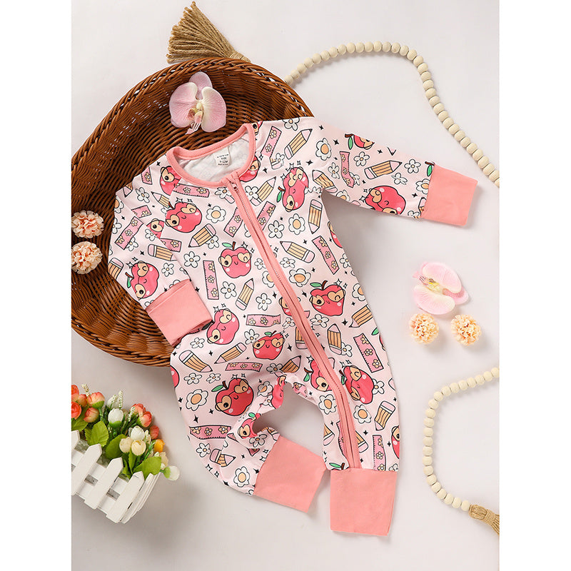 Adorable Infant Back to School Romper – Apple & Pencil Print Long Sleeve Jumpsuit Outfit