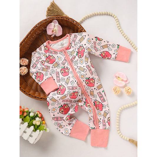 Adorable Infant Back to School Romper – Apple & Pencil Print Long Sleeve Jumpsuit Outfit