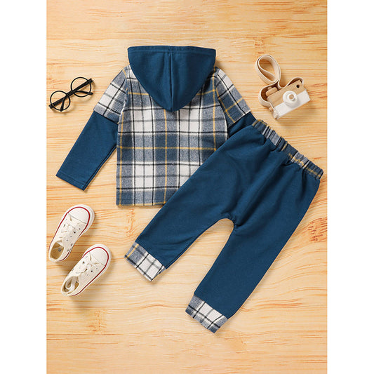 2-Piece Toddler Boy Outfit | Plaid Hoodie Sweatshirt & Pants Set