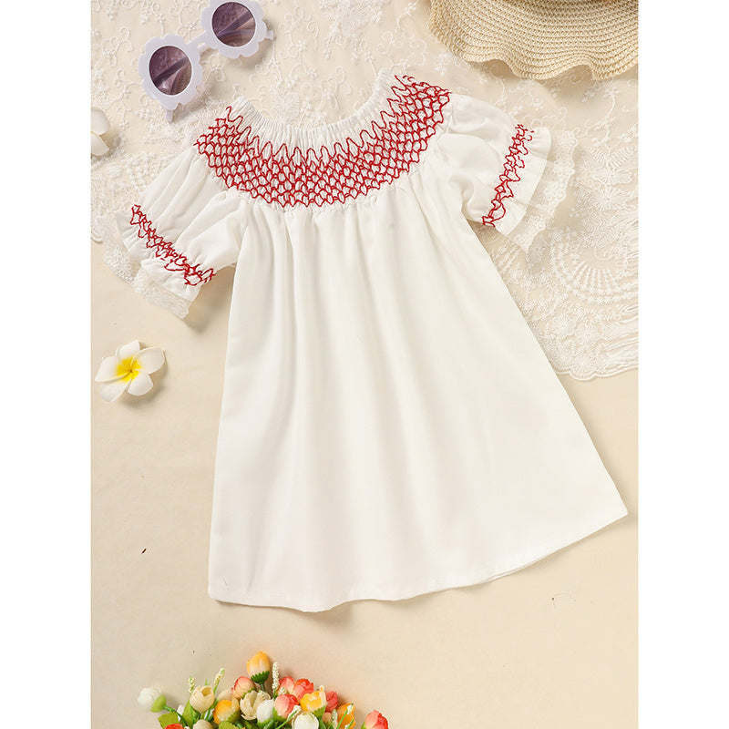 Infant Baby Girl Valentine’s Day Dress – White Lace Short Sleeve Party Dress with Red Embroidery