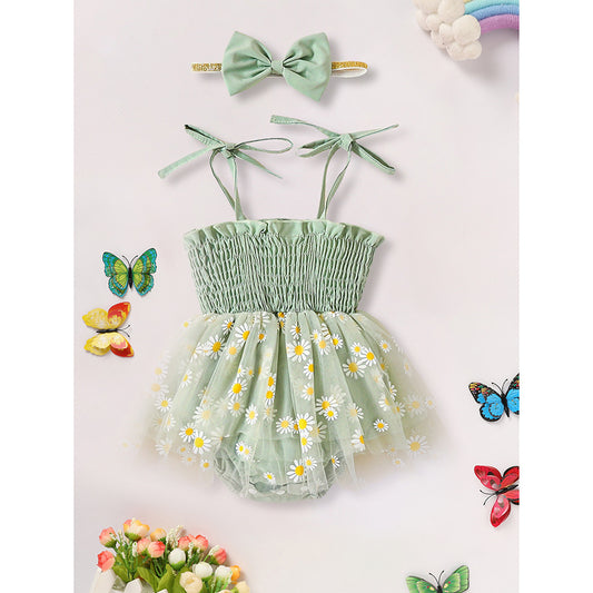 Baby Girl Summer Outfit Set – Floral Romper Dress with Bow Headband (Newborn to Infant)