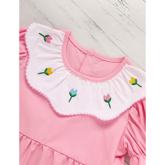 Toddler Baby Girl Spring Tulip Smocked Dress – Short Sleeve Princess Dress with Embroidery