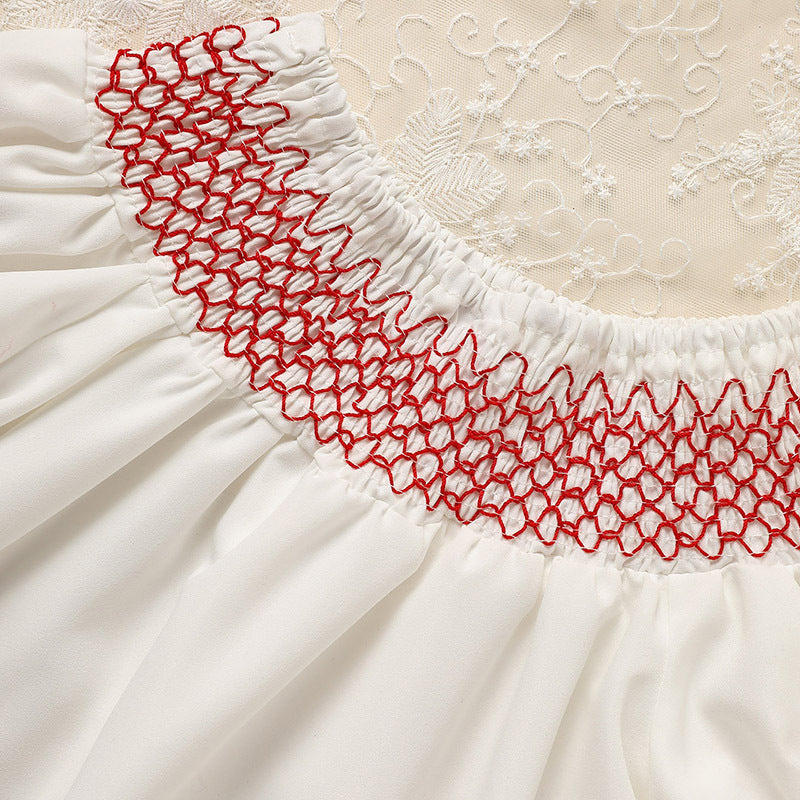 Infant Baby Girl Valentine’s Day Dress – White Lace Short Sleeve Party Dress with Red Embroidery