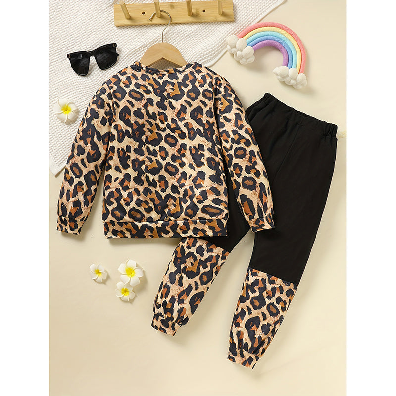 Toddler Girls Fall Winter Outfit – Leopard Letter Print Crewneck Sweatshirt & Sweatpants Set