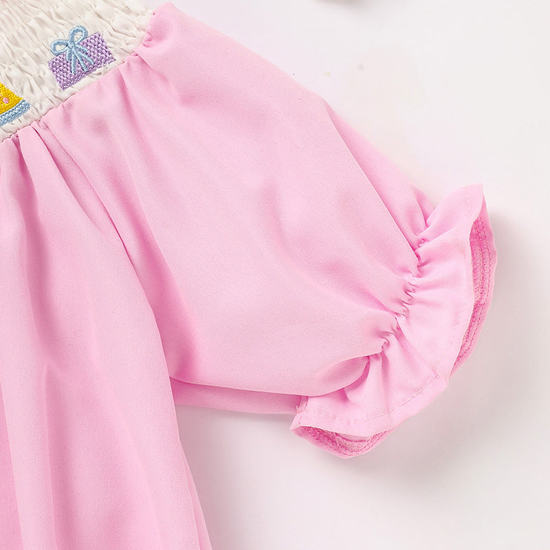 Infant Girls' Cute Birthday Smocked Bubble Romper Short Sleeves Crew Neck Cartoon Embroidery Princess Party Romper Bodysuit