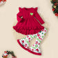 Toddler Baby Girls Christmas Outfit – Ruffle Long Sleeve Heart Print Top, Flared Pants & Headband Set
