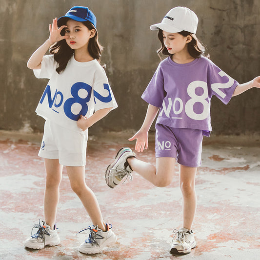 Girls Loose Sports Two-Piece Set – Big Kids Short-Sleeve Top & Shorts Outfit