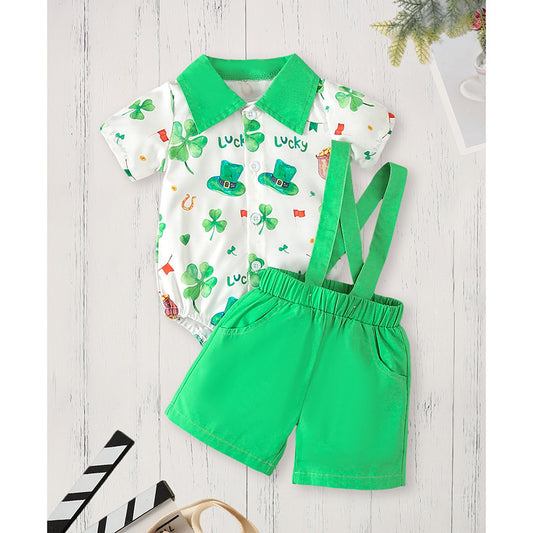 Newborn Baby Boy St. Patrick's Day Outfit – Clover Romper & Suspenders Pants Set