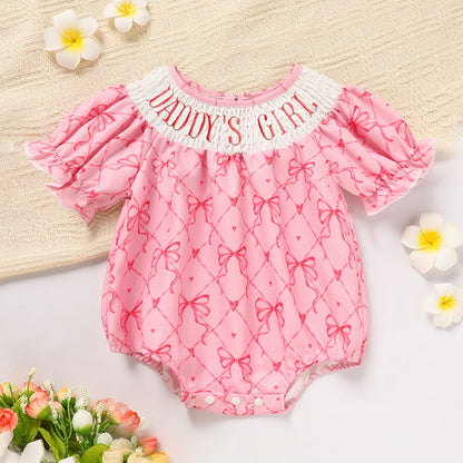 Baby Girl Bowknot Romper – “Daddy’s Girl” Letter Print Bubble Sleeve Jumpsuit