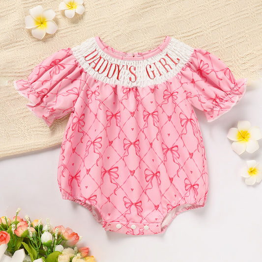 Baby Girl Bowknot Romper – “Daddy’s Girl” Letter Print Bubble Sleeve Jumpsuit