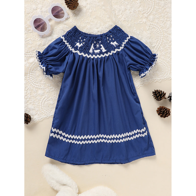 Toddler Infant Girl Christmas Dress – Santa Embroidery Smocked Short Sleeve Party Outfit