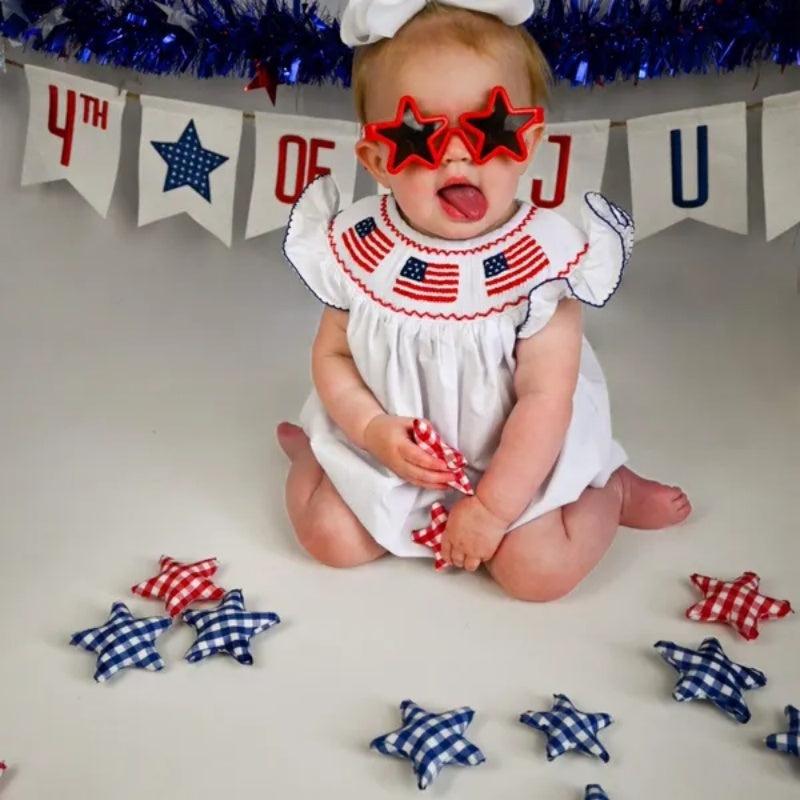 Baby Girl 4th of July Romper – Smocked Bubble Bodysuit with American Flag Embroidery
