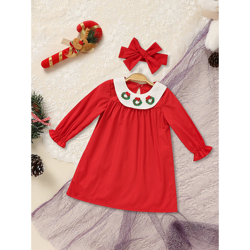 Toddler Baby Girls Christmas Dress – Wreath Embroidered Party Outfit with Headband