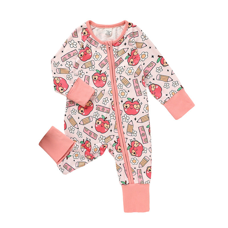 Adorable Infant Back to School Romper – Apple & Pencil Print Long Sleeve Jumpsuit Outfit