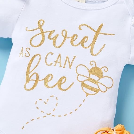 Infant Baby Girl Bee Romper Set – Honeybee Print Bodysuit, Pants & Bow Headband Clothes