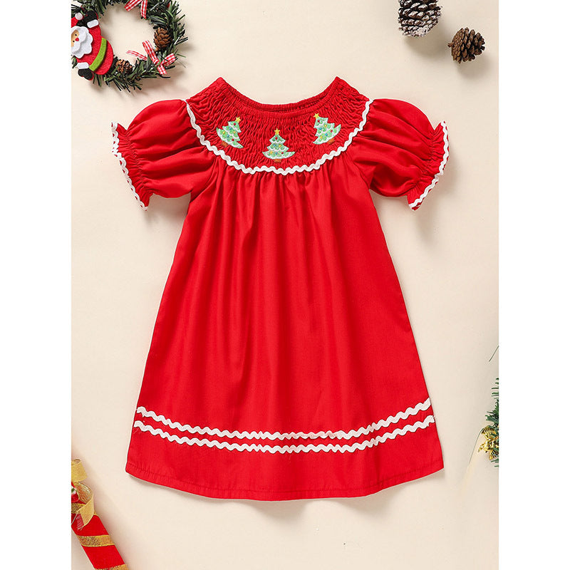 Toddler Infant Girls Christmas Dress – Smocked Tree Embroidery Party Dress
