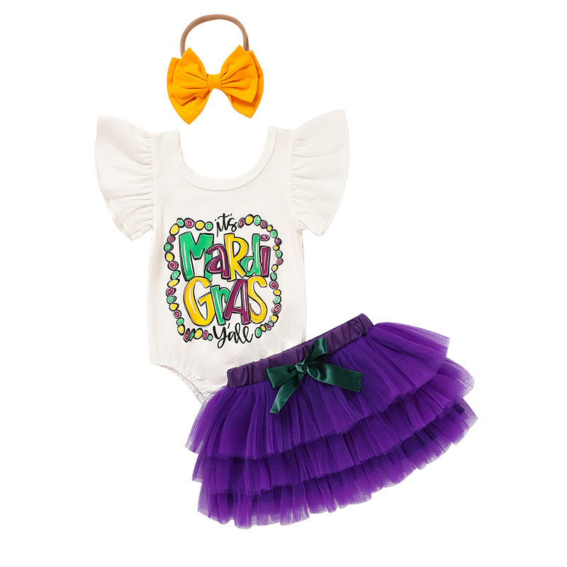 Baby Girls Mardi Gras Outfit – Ruffle Sleeve Bodysuit, Tutu Skirt & Hairband Set
