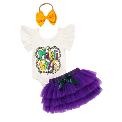 Baby Girls Mardi Gras Outfit – Ruffle Sleeve Bodysuit, Tutu Skirt & Hairband Set