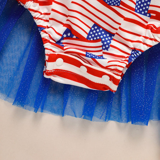 Baby Independence Day Bodysuit – Flag Pattern Sleeveless Bowknot Romper
