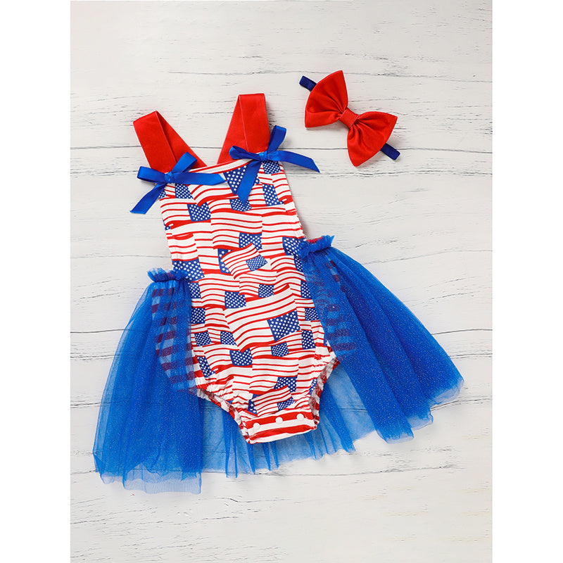 Baby Independence Day Bodysuit – Flag Pattern Sleeveless Bowknot Romper