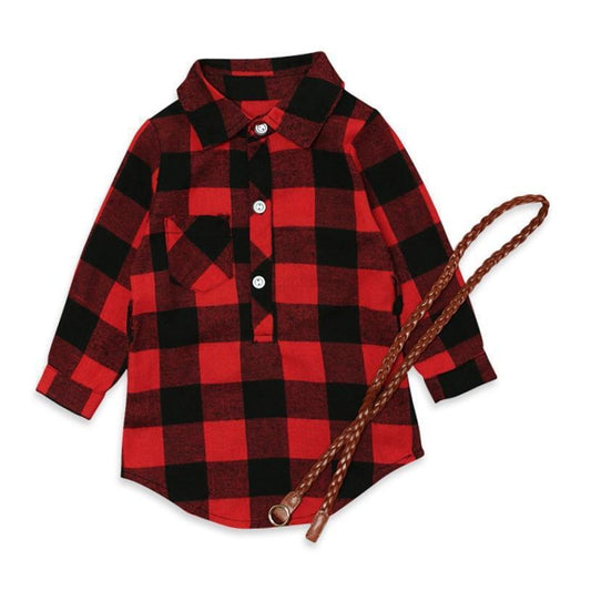Fashion Girls Long Red Plaid Dress with Belt – Stylish Checkered Party Outfit