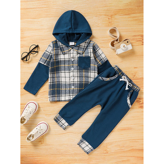 2-Piece Toddler Boy Outfit | Plaid Hoodie Sweatshirt & Pants Set