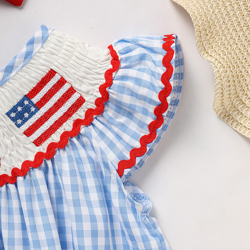 Baby Girls 4th of July Outfit – American Flag Embroidered Smocked Romper with Headband