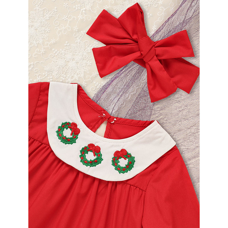 Toddler Baby Girls Christmas Dress – Wreath Embroidered Party Outfit with Headband