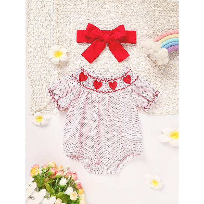 Newborn Baby Girls Valentine’s Day Smocked Romper – Short Sleeve Heart Embroidery Jumpsuit