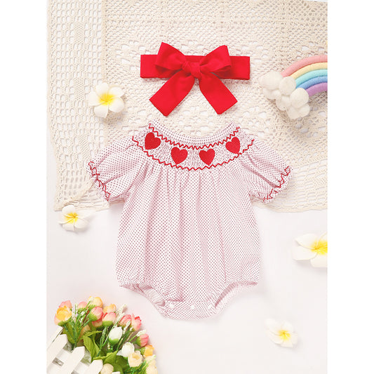 Newborn Baby Girls Valentine’s Day Smocked Romper – Short Sleeve Heart Embroidery Jumpsuit