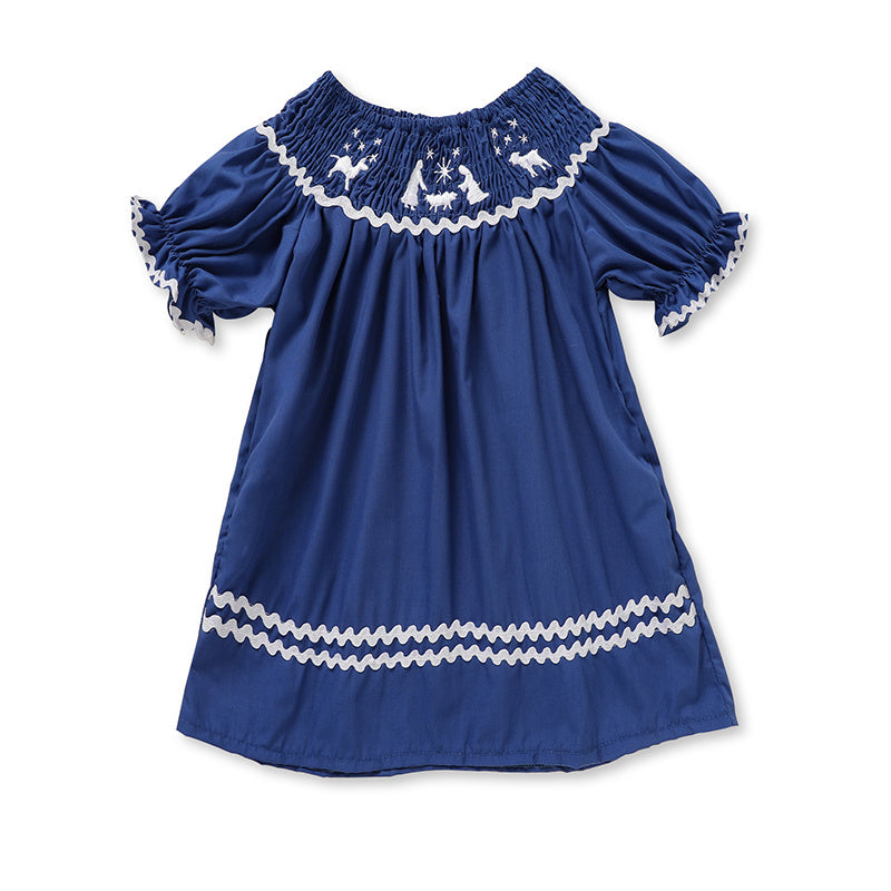 Toddler Infant Girl Christmas Dress – Santa Embroidery Smocked Short Sleeve Party Outfit