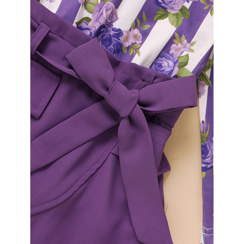Toddler Girl Outfit Set – Purple Rose Print Top & Belted Skirt | Spring/Fall Holiday Clothes