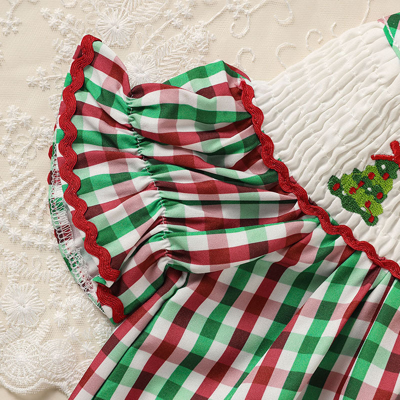 Toddler Infant Baby Girls Christmas Dress – Plaid Short Sleeve Christmas Tree Embroidered Party Outfit