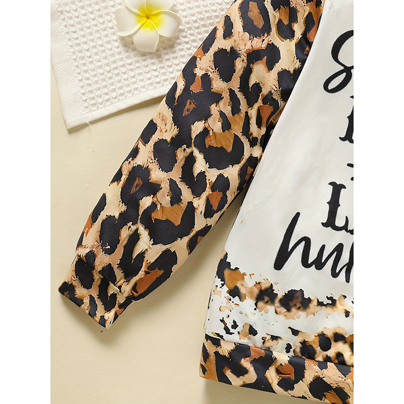 Toddler Girls Fall Winter Outfit – Leopard Letter Print Crewneck Sweatshirt & Sweatpants Set