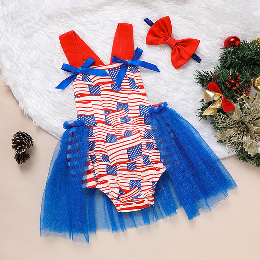 Baby Independence Day Bodysuit – Flag Pattern Sleeveless Bowknot Romper