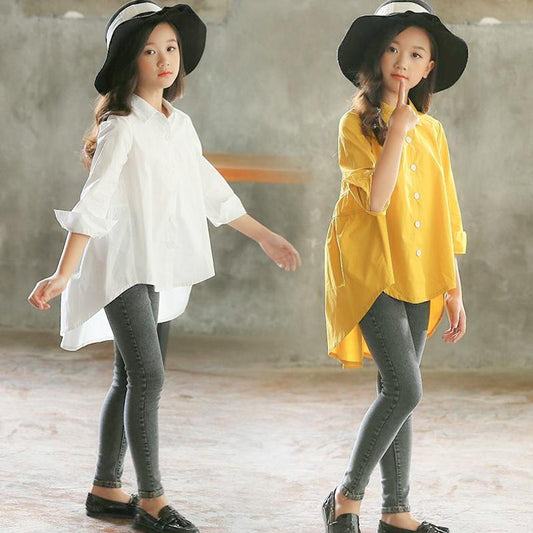 Girls Korean Style Shirt – Loose Swallowtail Fashion Top for Kids