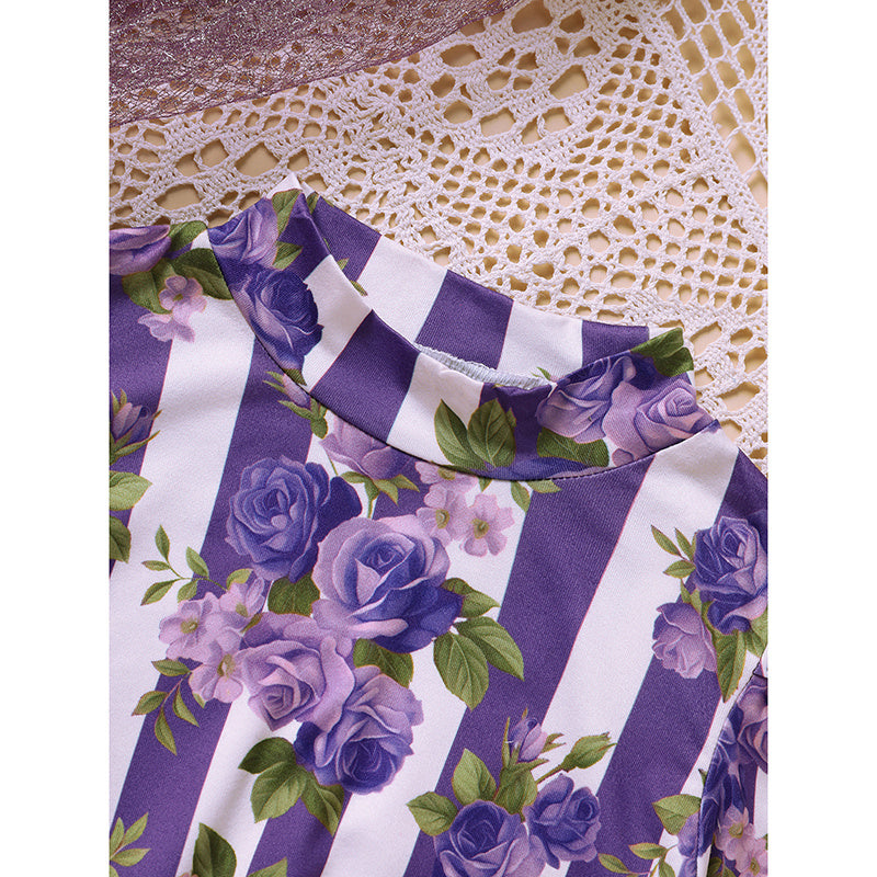 Toddler Girl Outfit Set – Purple Rose Print Top & Belted Skirt | Spring/Fall Holiday Clothes