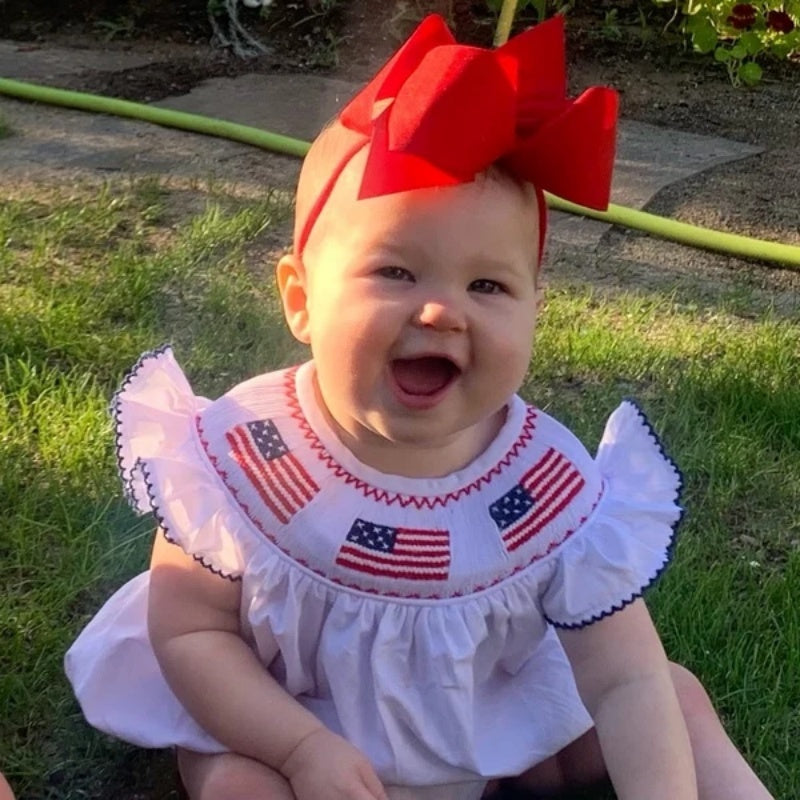 Baby Girl 4th of July Romper – Smocked Bubble Bodysuit with American Flag Embroidery
