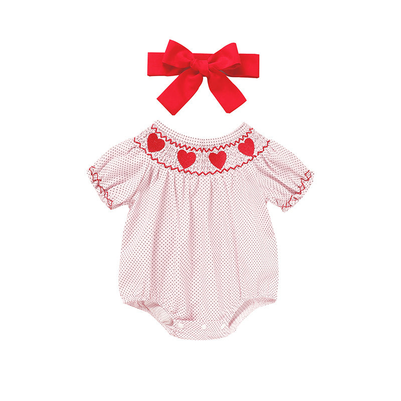 Newborn Baby Girls Valentine’s Day Smocked Romper – Short Sleeve Heart Embroidery Jumpsuit