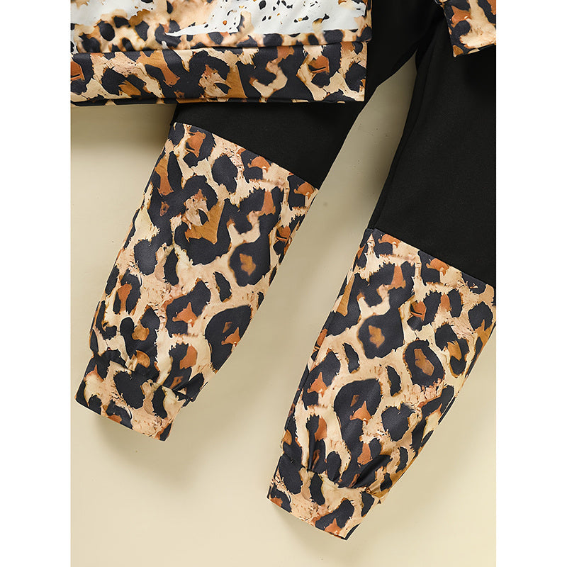 Toddler Girls Fall Winter Outfit – Leopard Letter Print Crewneck Sweatshirt & Sweatpants Set