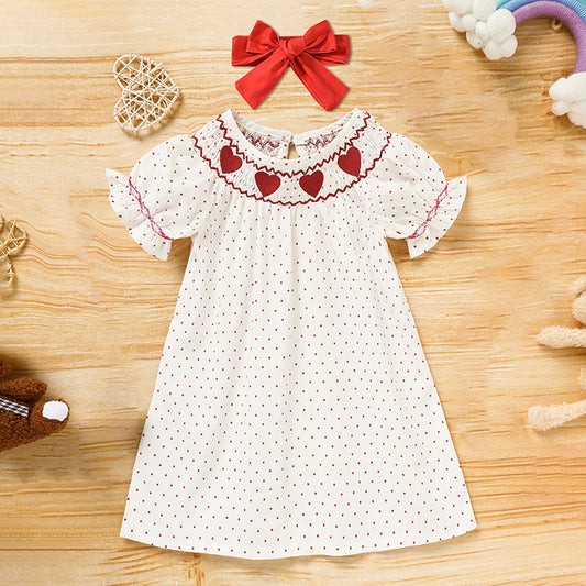 Baby Girl Valentine's Day Dress - Red Heart Embroidery with Headband & Smocked Princess Party Dress