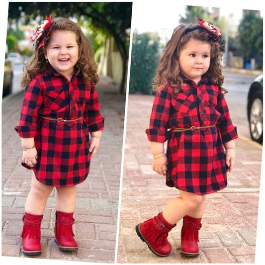 Fashion Girls Long Red Plaid Dress with Belt – Stylish Checkered Party Outfit