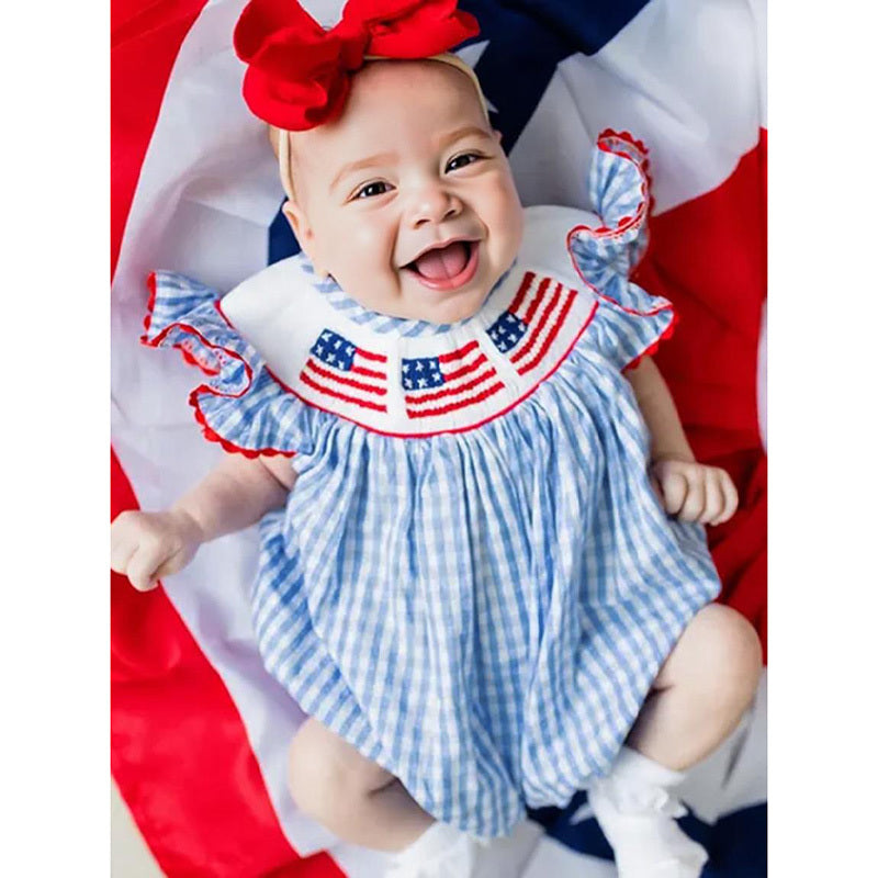 Baby Girls 4th of July Outfit – American Flag Embroidered Smocked Romper with Headband