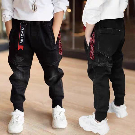 Kids Black Jeans – Boys’ Single-Layer Pants for Spring & Autumn