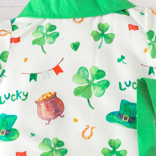 Newborn Baby Boy St. Patrick's Day Outfit – Clover Romper & Suspenders Pants Set